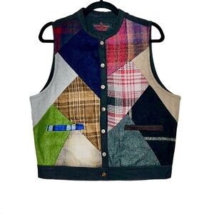 Vintage Sacred Threads 100% Wool Preppy Boho Colorful Plaid Patchwork Vest, M/L